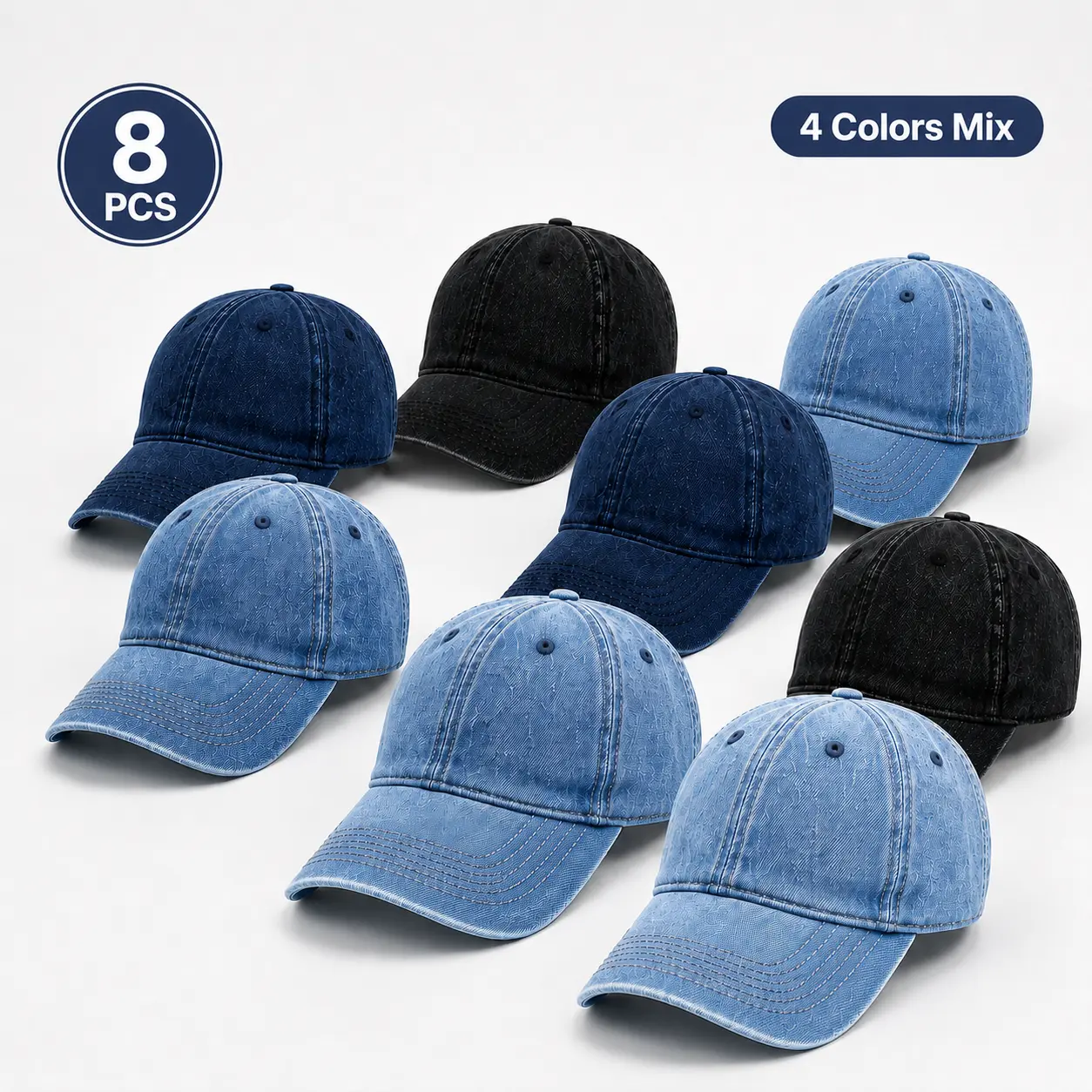 Unisex 8-Pack Vintage Washed Denim Dad Hats, Adjustable Curved Brim Streetwear Fitted Matching Hats for Women, Outdoor Travel Fashion Accessories