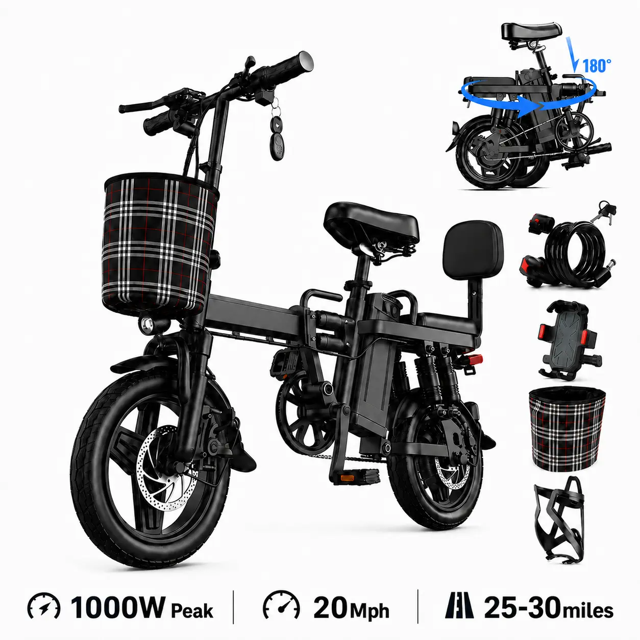 Commute Folding Electric  for Adults, 1000W Peak Motor,20MPH Top Speed, 30+ Miles Range,14" Ebike, Removable 48V Battery, Multi Shock Absorber, 330LBS Load, UL 2849 Certified, Full Accessories: Basket, Phone Mount, Lock, Rear Backrest compact bike e bikes