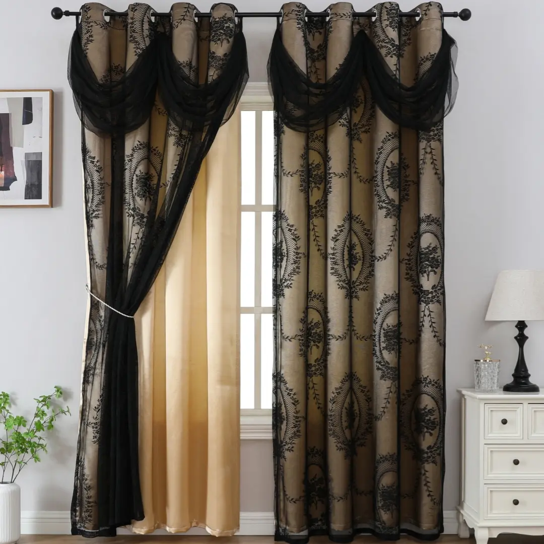 Luxury Double Layer Embroidered Blackout Bedroom Curtains with Valance, Floral Lace Privacy Drapes, Home Party Room Light Blocking Decorative Curtains, Window Curtain