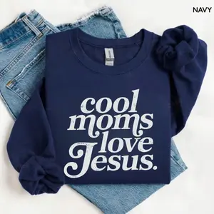 Retro Cool Moms Love Jesus Sweatshirt, Faith-Inspired Christian Mom Sweatshirt, Trendy Spiritual Graphic Top for Women Who Love Style, Scripture, Family, and Fun Everyday Wear