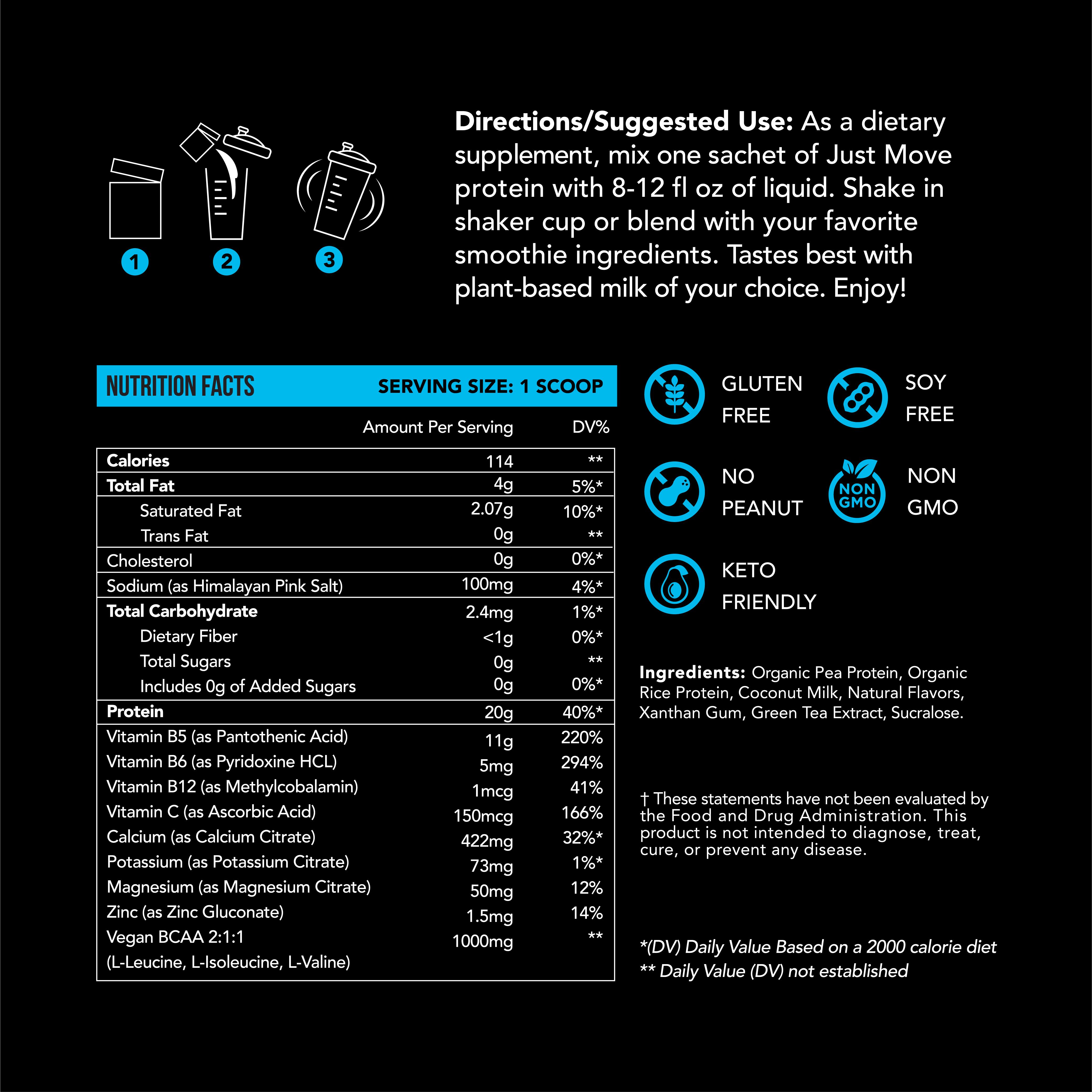 Just Move Protein Sample 7 Pack - Vegan (Plant Based) Organic, Dairy Free, Soy Free, Gluten Free, Keto, Peanut Free, 20g -22g Protein, Low Carb, Non GMO supplements fitness dietary supplement post-workout recovery Edible Flavor Healthy Multi Flavors