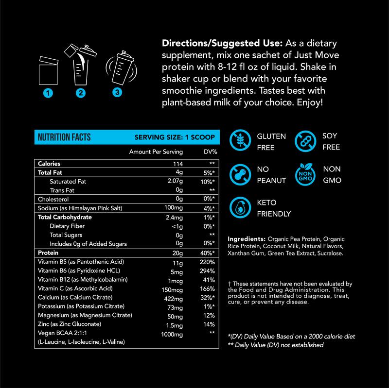 Just Move Protein Sample 7 Pack - Vegan (Plant Based) Organic, Dairy Free, Soy Free, Gluten Free, Keto, Peanut Free, 20g -22g Protein, Low Carb, Non GMO supplements fitness dietary supplement post-workout recovery Edible Flavor Healthy Multi Flavors