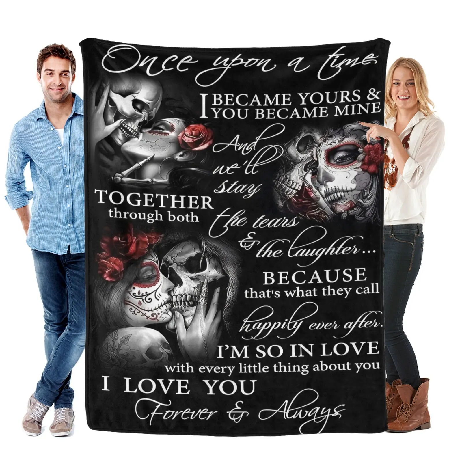 Skull & Sugar Skull Romantic Quote Flannel Blanket Soft Cozy Gift Throw with Edgy Loving Message Design Perfect for Gifting to Your Partner Snuggling Warmly or Adding Bold Devoted Charm to Any Space, Warm Nap Blanket, Throw Blankets