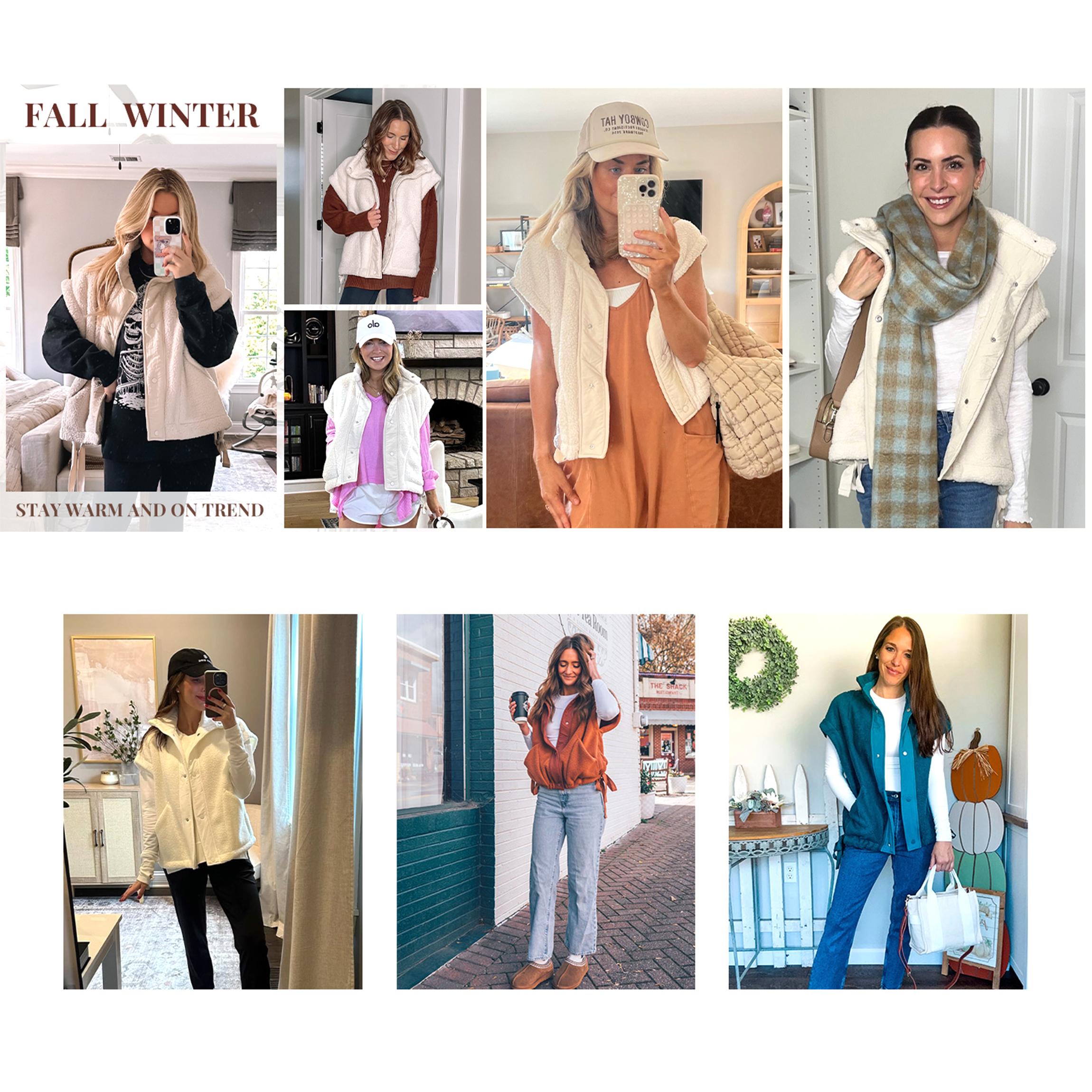 Buenoble Women's Oversized Fleece Vest Cozy Sherpa Sleeveless Jacket with High Neck Side Ties Snap Buttons Fall Winter Casual Outerwear SpringStatements