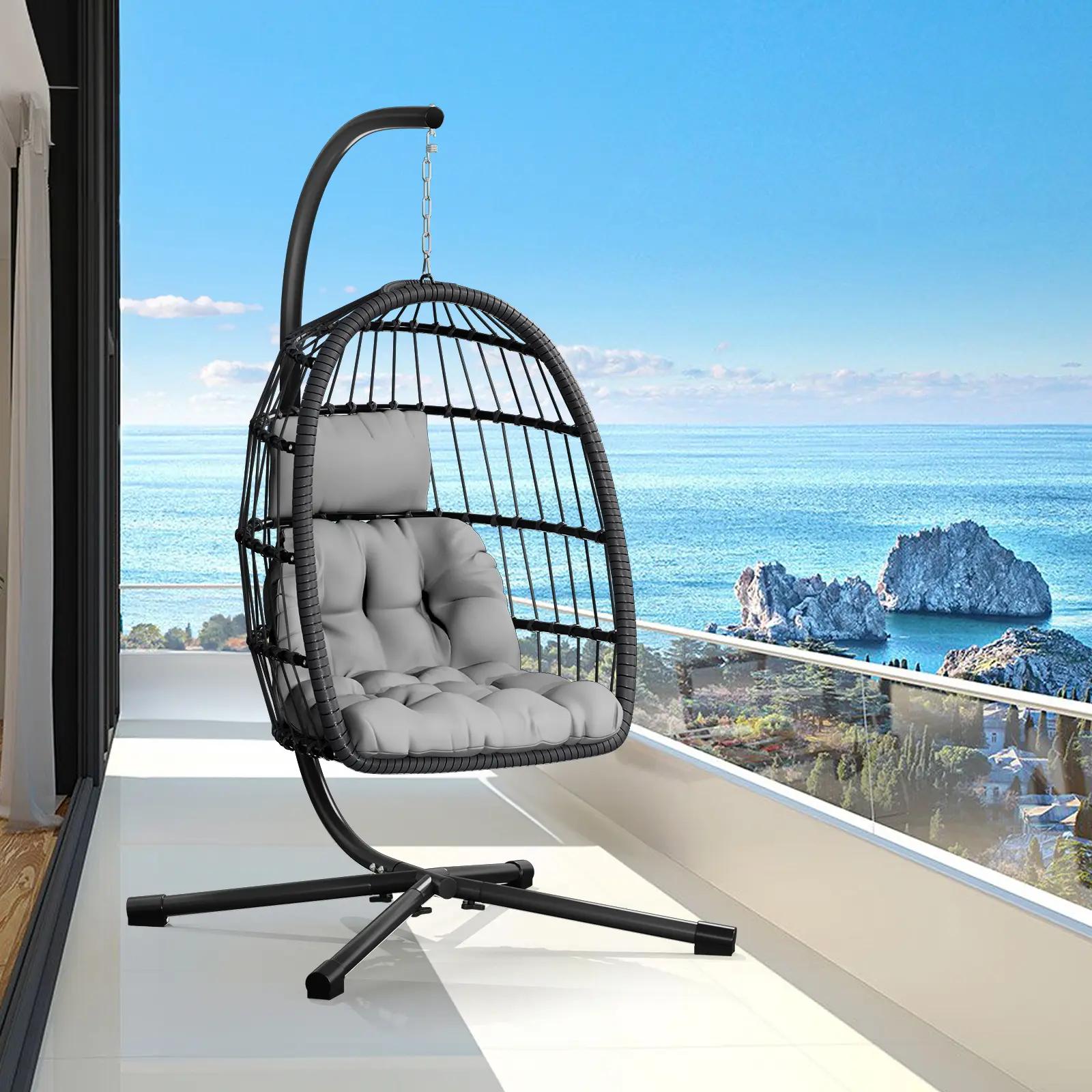 LEVELEVE Oversized Rattan Wicker Outdoor Hanging Chair with Stand, Patio Swing Furniture, Thick Aluminum Alloy Frame, UV-Resistant Cushion, 350LBS Weight Capacity for Porch, Floor Use