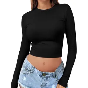 Womens Long Sleeve Crop Top Crew Neck Y2K Shirt Sexy