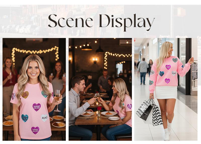 Dear-Lover Women's Pink Glitte Sequin Romantic Letters Heart Graphic Round Nreck Pullover Sweatshirt, Valentines Lettering Heart Patched Pattern Crewneck T Shirt