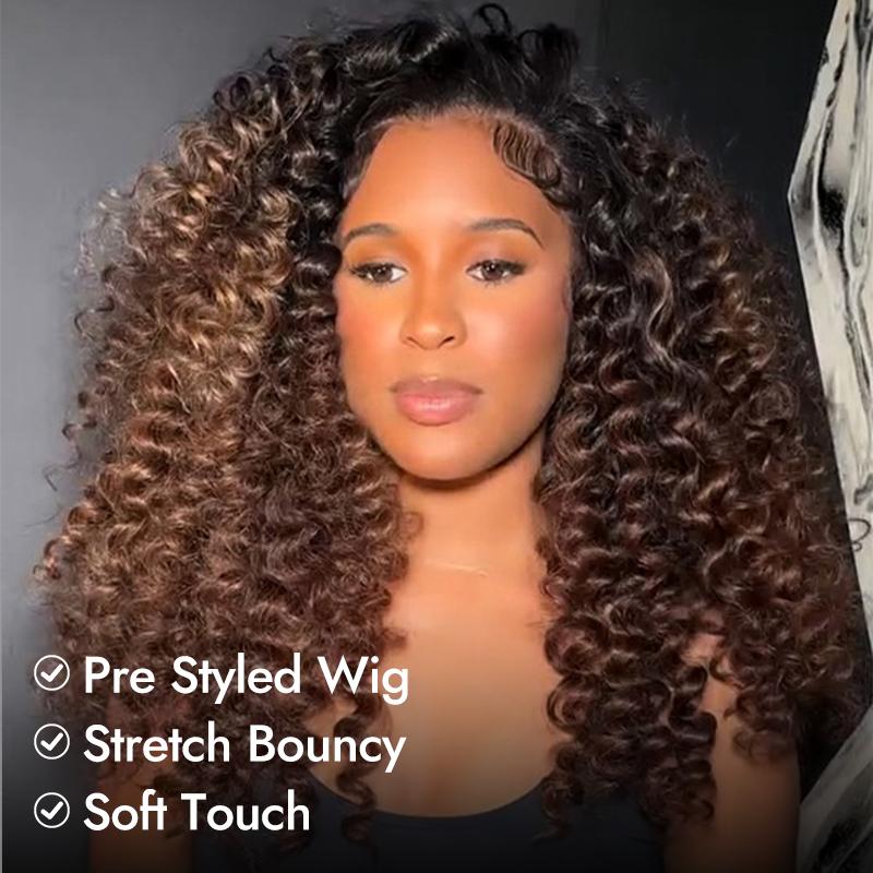 [Flash Sale] Wiggins Hair Ready To Go Glueless Wig Wand Curl Ombre Brown With Highlights 7x5 Lace Closure Wigs Human Hair Pre Cut Lace Beginner Friendly
