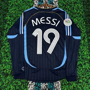 2006World Cup Argentina Lionel Messi 19 Away Long Sleeve Vintage Soccer Jersey Quick Drying