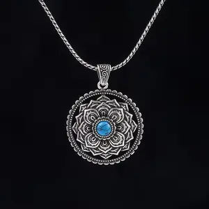 Retro Mandala Flower Pendant Necklace, Vintage Silver Ethnic Style Choker Necklace