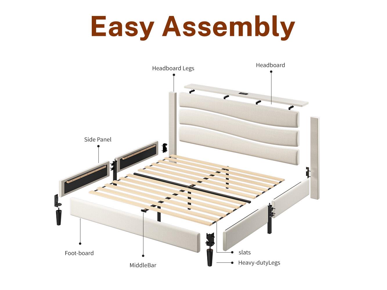 【The First Best Bed For Teens】Raybee Bed Frame Upholstered Headboard Height Adjustable Wavy Line Top Storage Shelf & USB Type-C Charging Noise-Free,Easy Assemble & Clean,Qeen Beige,Cream,Gray,King,Full
