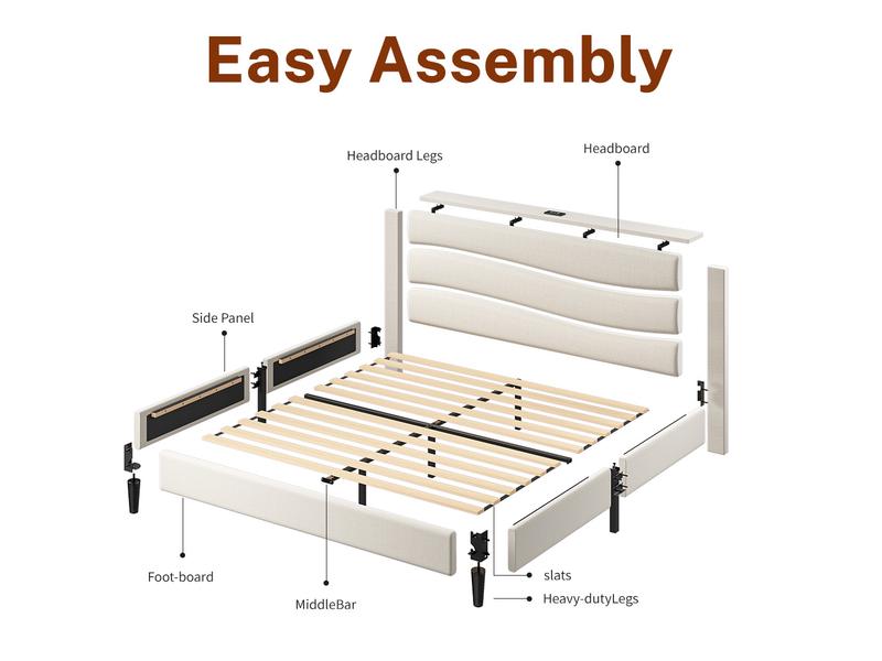 【The First Best Bed For Teens】Raybee Bed Frame Upholstered Headboard Height Adjustable Wavy Line Top Storage Shelf & USB Type-C Charging Noise-Free,Easy Assemble & Clean,Qeen Beige,Cream,Gray,King,Full