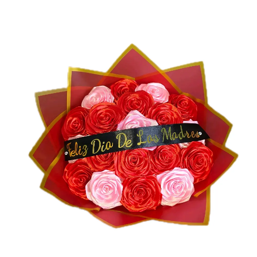 Mothers Day Bouquet of Eternas Rose's Gift with 'Feliz Dia De Los Madres' Ribbon Red & Pink Roses in Elegant Red Wrapping.
