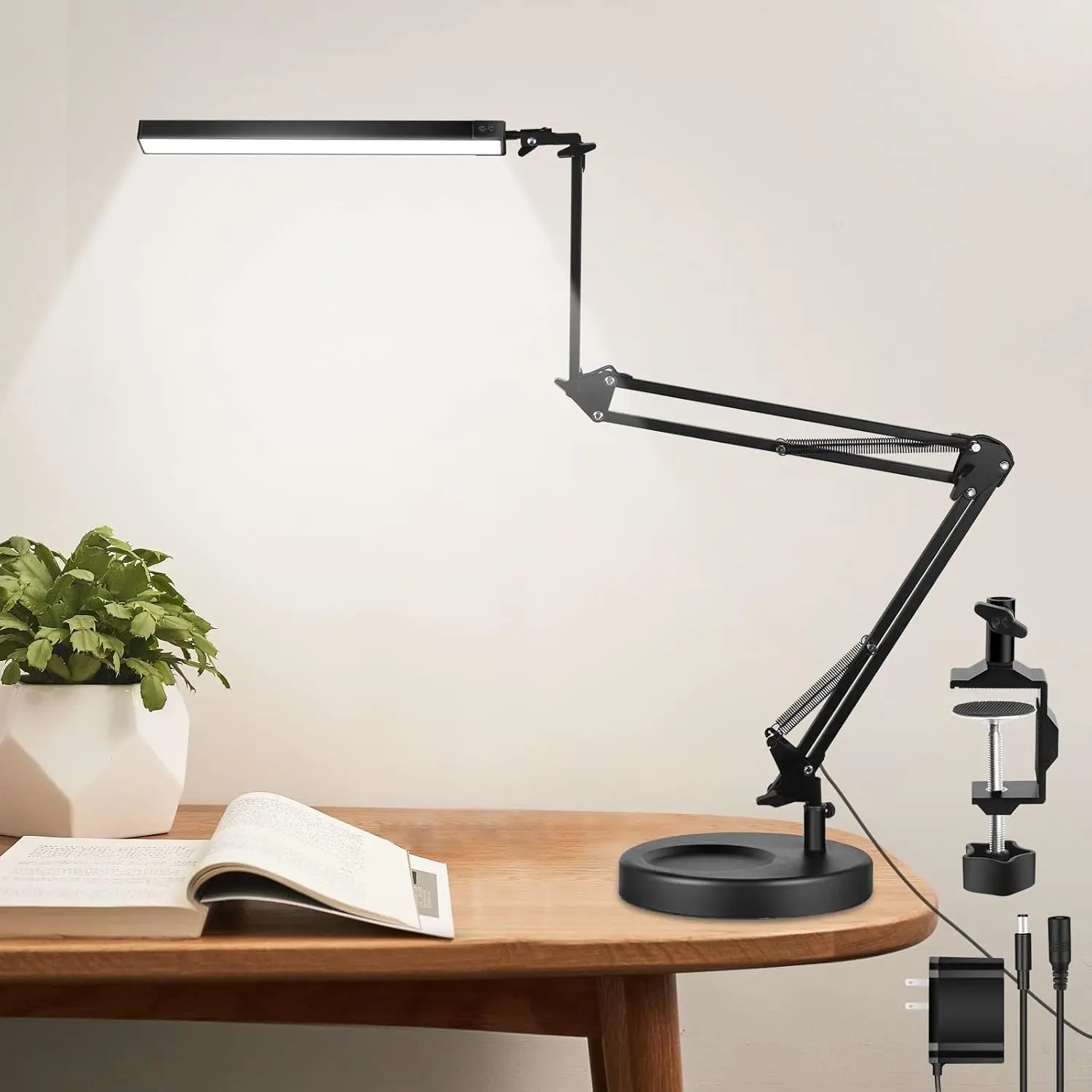 LED Desk Lamp with Clamp,2-in-1 Clamp on Desk Lamps with Base,50.7" Adjustable Swing Arm Architect Desk Lamp,Memory Function Desk Lights for  Office,Workbench,Reading,Craft,Drafting