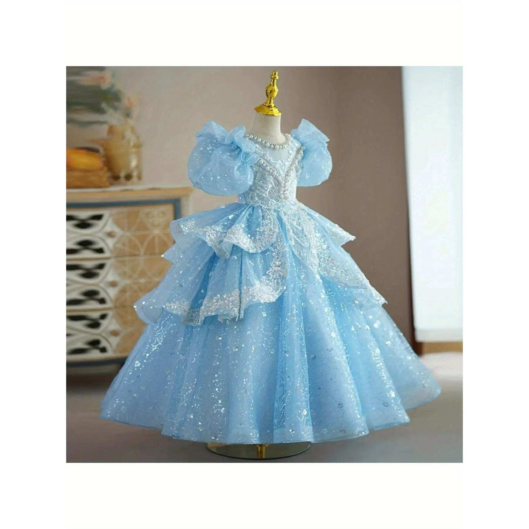 Girls' Princess Aesthetic Party Dress - Elegant Blue Tulle Skirt, Ruffled Sleeves - Fits 4-5 Years,5-6y,7-8y,9-10y - Ideal for Birthday Parties, Recitals