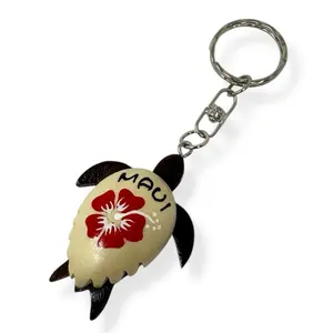 Wooden Maui Sea Turtle Keychain – Hand-Painted Hawaiian Honu Flower Design