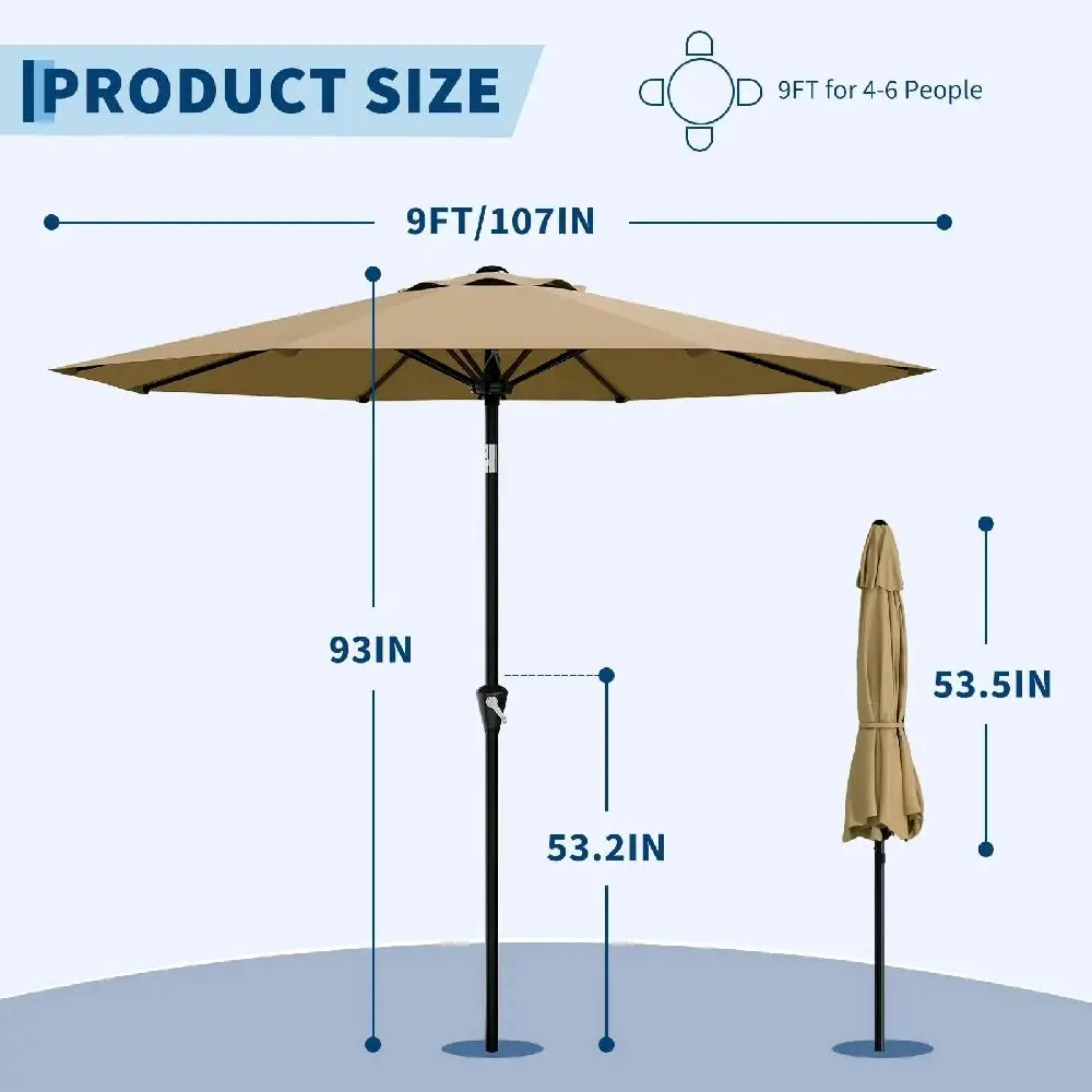9' Outdoor Patio Market Umbrella with 8 Sturdy Ribs, Push Button Tilt, Crank & Easy Setup - Ideal for Yard, Outdoor Table Use