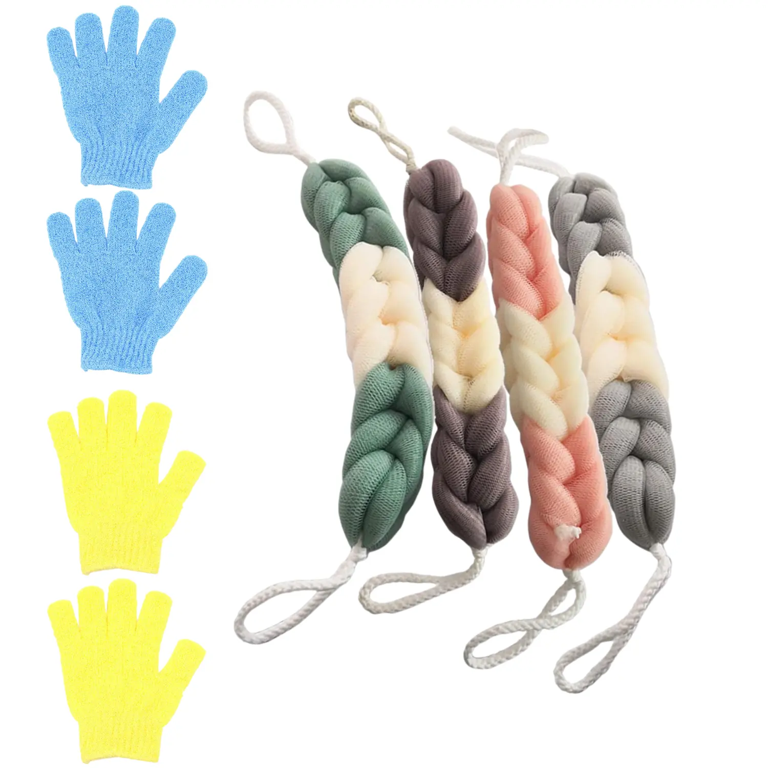 8Pcs Exfoliating Bath Body Scrubber Set, Long Stretch Back Sponge with Rope Handles & Shower Scrub Gloves, Mesh Loofah for Deep Skin Cleansing, Soft Exfoliating Shower Accessories for Men Women Daily Bath