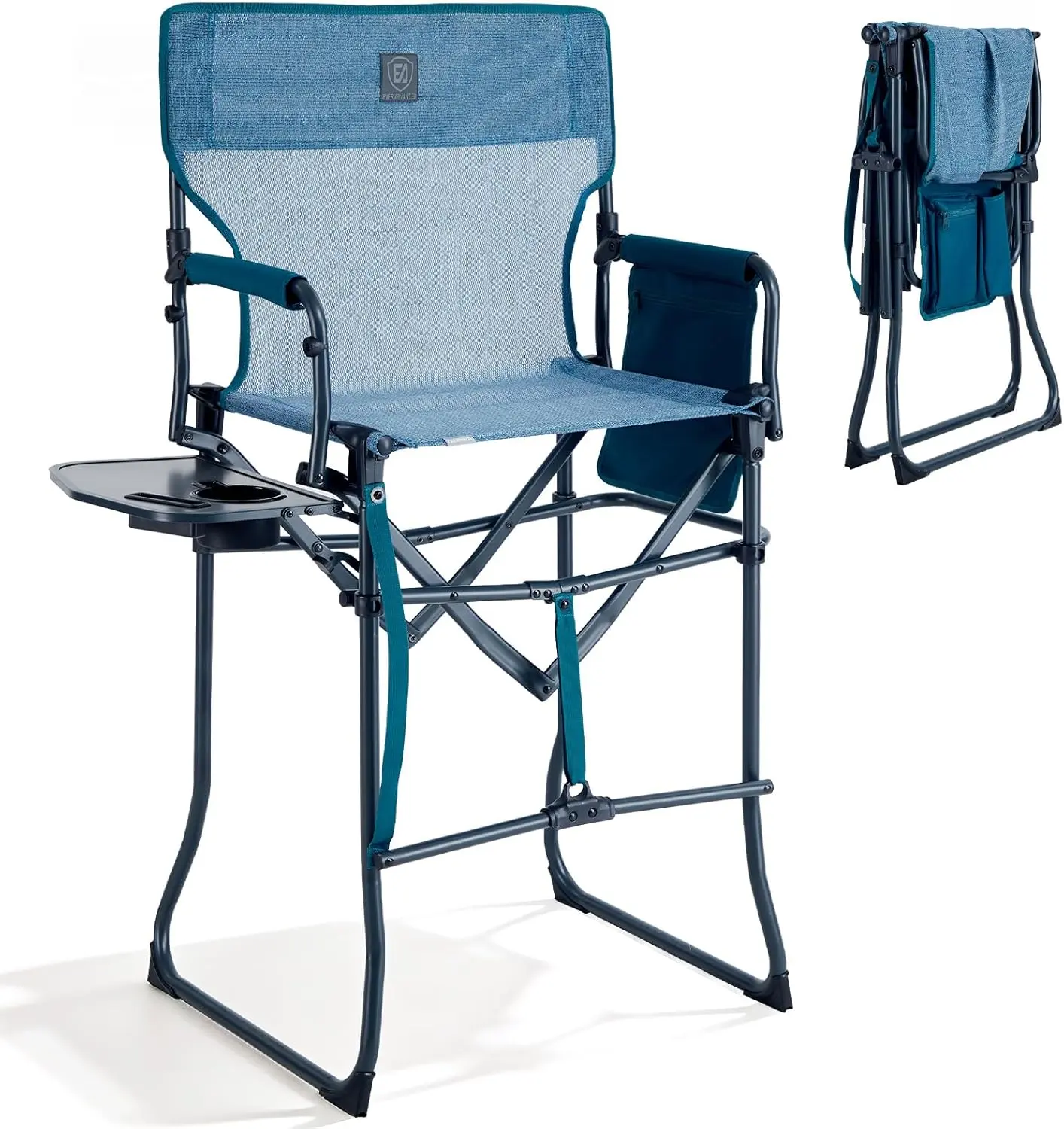 EVER ADVANCED Portable Folding Director Chair - 30.7" Seat Height, Lightweight Foldable Stool, Fabric, Metal Frame, Side Table, Stretch Mesh, 350LBS Capacity, Compact Seating for Makeup Artists, Camping (Quad Fold, Collapsible Staff Chairs)