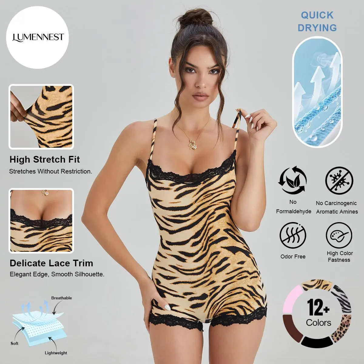 LUMENNEST Women's Chic Thin Strap Leopard Print Lace Trim Playsuit, Versatile Seamless Breathable Shapewear