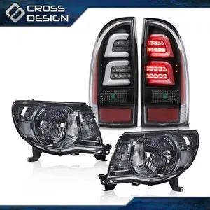 CROSSDESIGN Fit For 2005-2011 Tacoma Smoke/Chrome Headlights & 3D LED Tube Bar Tail Lights
