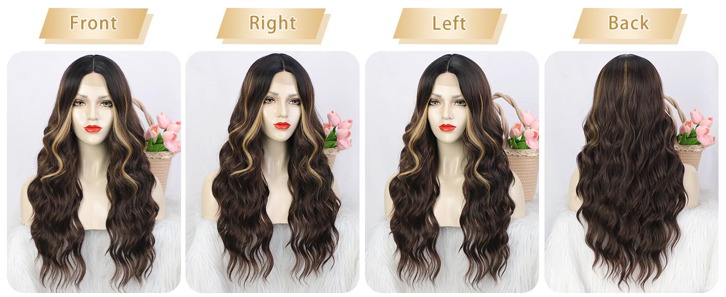 AISI HAIR 26inch Long Wavy Wig Highlights Color Synthetic Curly Middle Part for Women - Heat Resistant, Daily Party Use, Brown Mixed Blonde AISI HAIR 26inch Long Wavy Wig Highlights Color Synthetic Curly Middle Part for Women - Heat Resistant, Daily Party Use, Brown Mixed Blonde