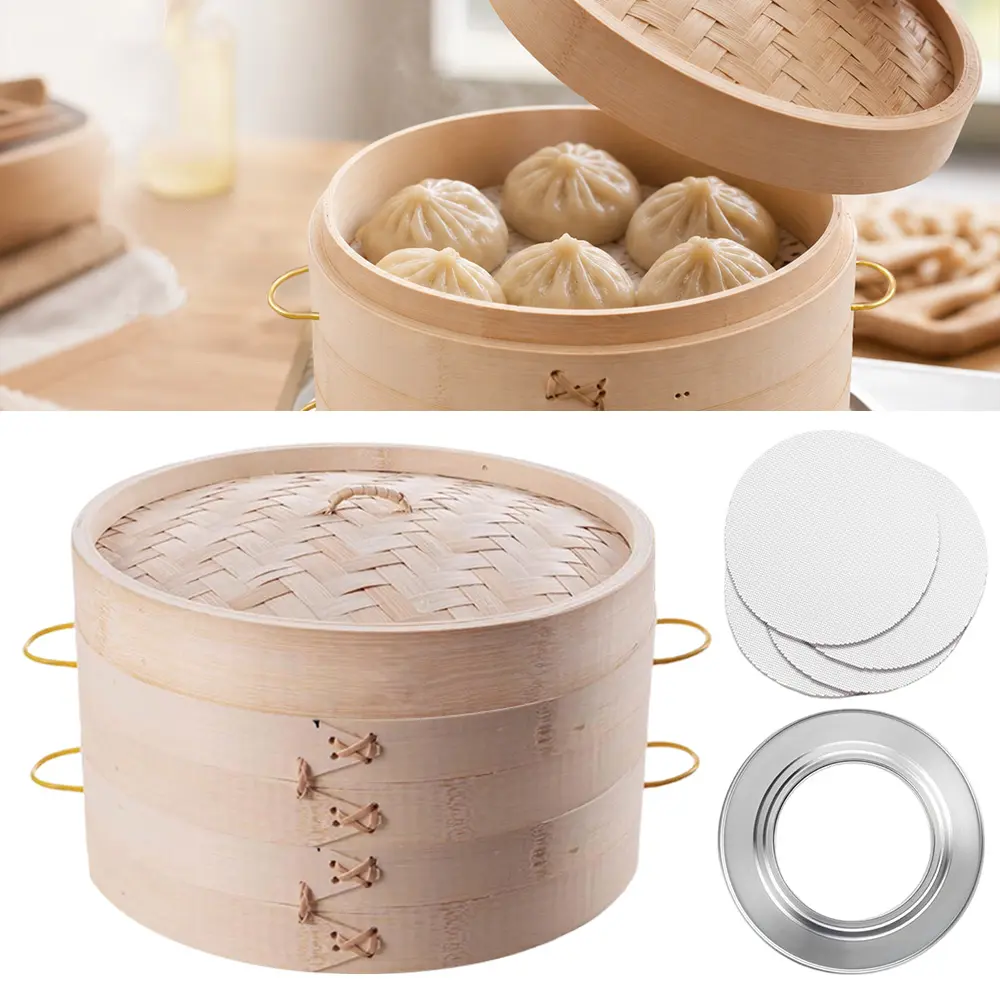 1 Set Mix Bamboo Wood 10-Inch 2-Tiered Steamer Basket with Handle, Ring Adapter, Reusable Liner - Camp Kitchen Kit for Dumpling Steaming (Fits Pots)