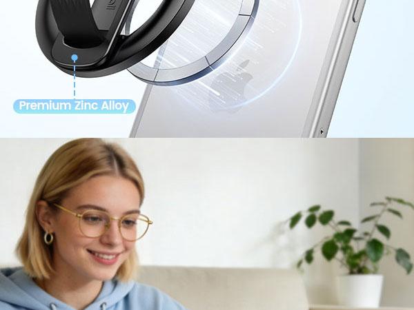 Lamicall Magnetic Phone Grip Holder for MagSafe - [Soft Silicone Loop] Vertical Cell Phone Zinc Alloy Ring Stand Kickstand, Magnet Hand Grip Accessories for iPhone 12-17 Series, Other with Metal Ring