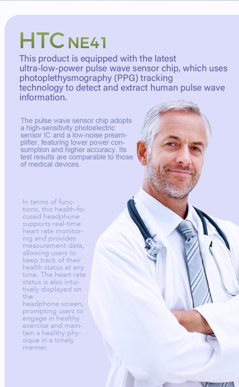 HTC NE41 Clip-On Ear Headphones ,Heart Rate Monitoring Earbuds, Blood Oxygen Monitoring Earbuds,Headphones for Music & Phone Calls, IPX5 Sport Waterproof & Sweatproof, with LCD Full Color Touch Screen, Bluetooth 6.0 Headsets, Heart Rate Health Management