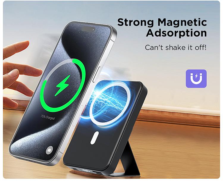 Magnetic Power Bank 10000mAh Wireless Portable Charger with USB-C Cable LED Display Foldable Battery Pack for iPhone17/ 16/15/14/13/12/Pro/Pro Max Series Charging Compact Silicone Black