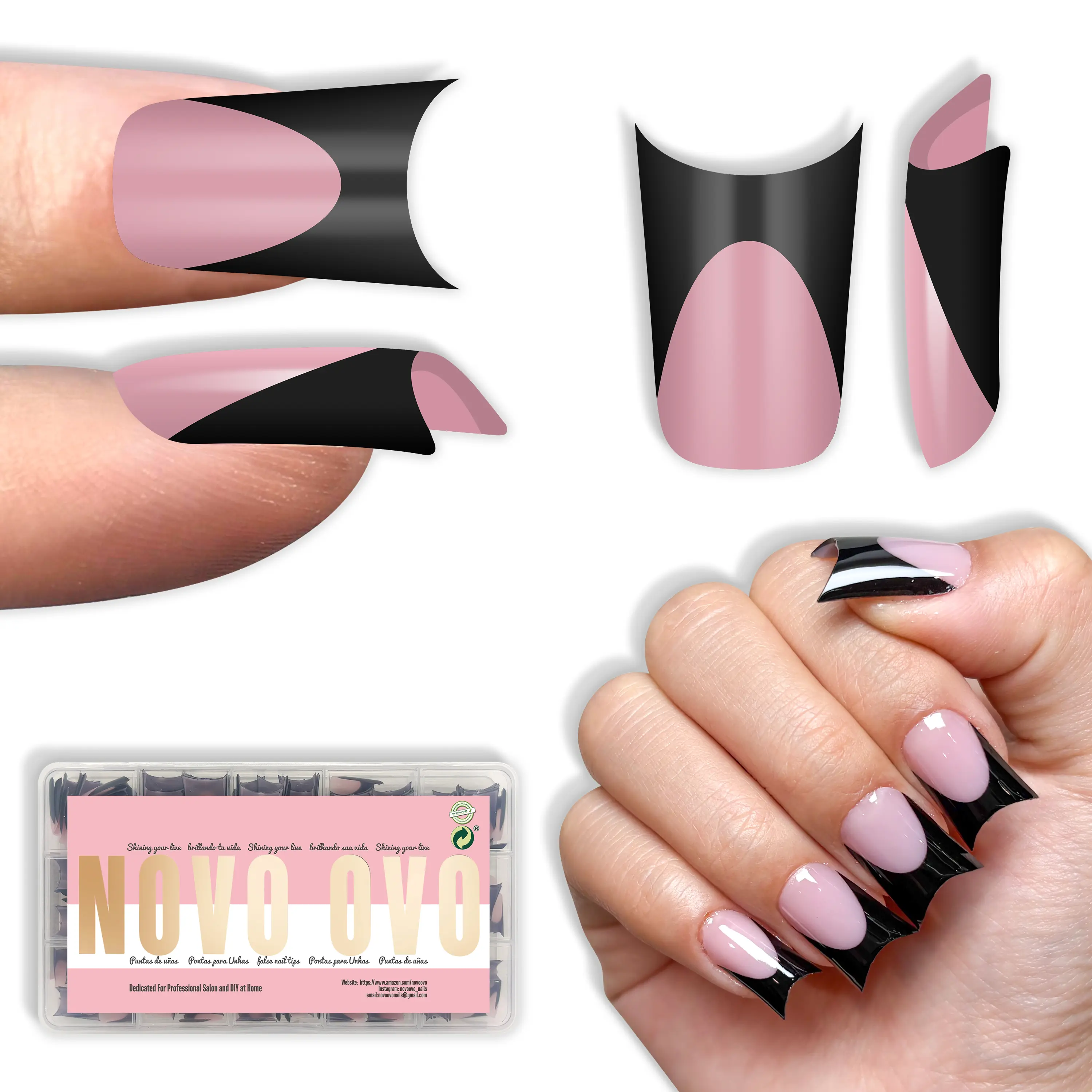 NOVO OVO Soft Gel Short Duck Nails with Moon Curve Cuticle, Extra Thick Tip Press-On Set, Berry Pink French Design, 15 Sizes, 240Pcs - Nail Extension Kit for Home Use, Gel Nails At Home