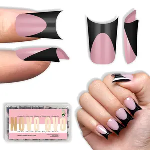 NOVO OVO Extra Thick Duck Nails Short with Moon Curve Black French Tips Berry Pink, 240Pcs Soft Gel Flare Wide French Full Cover False Nail Tips, Press on Acrylic Extension (15 Sizes)