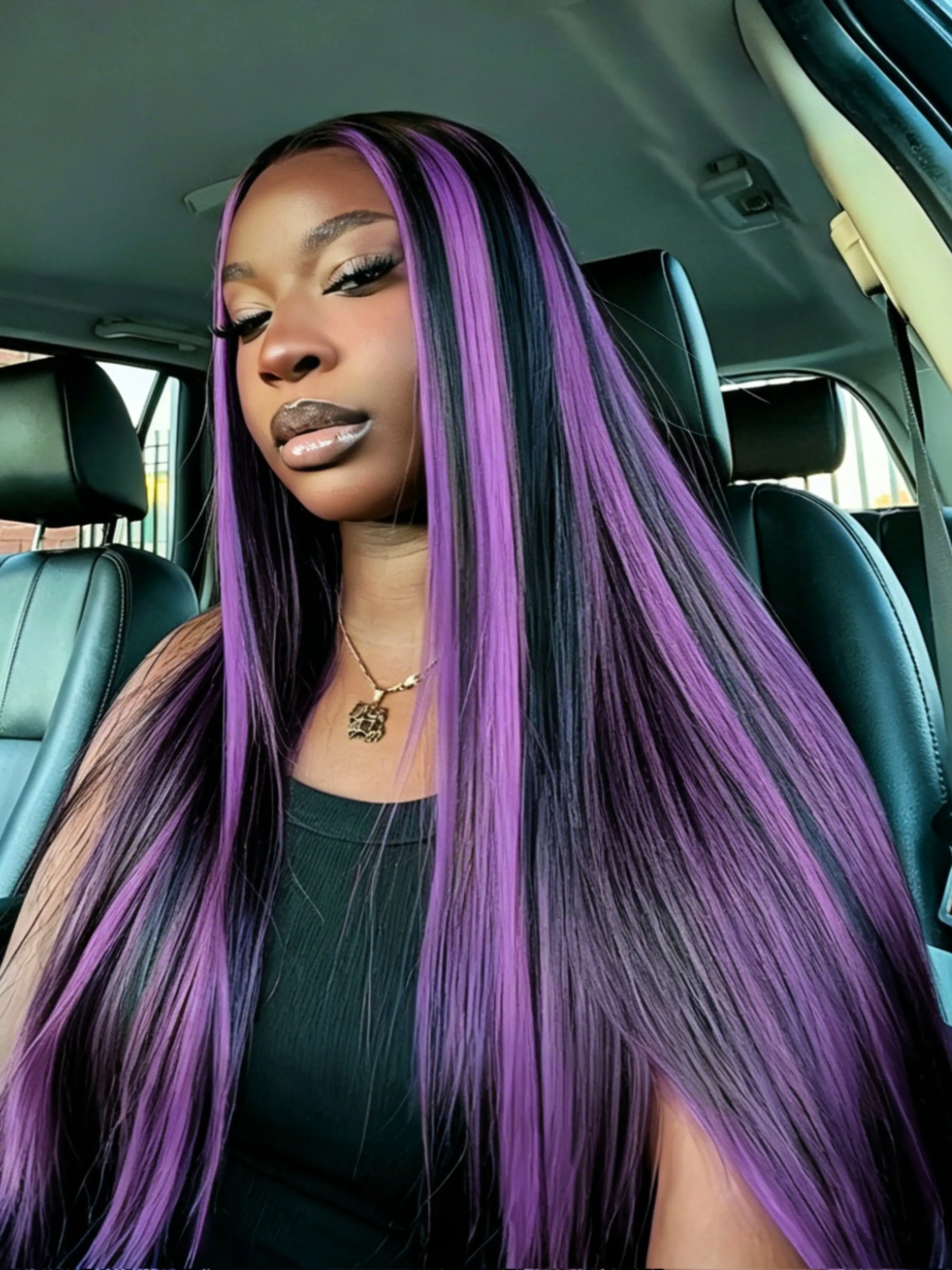 Black Purple Highlight 13x4 Lace Front Wig Free Part Straight Wig Pre Plucked Natural Hairline Heat-Resistant Synthetic Wig Concert Look Straight Wig Music Festival Look Lace Frontal Wigs for Women Daily Wear 28 Inches Heat Friendly Wig