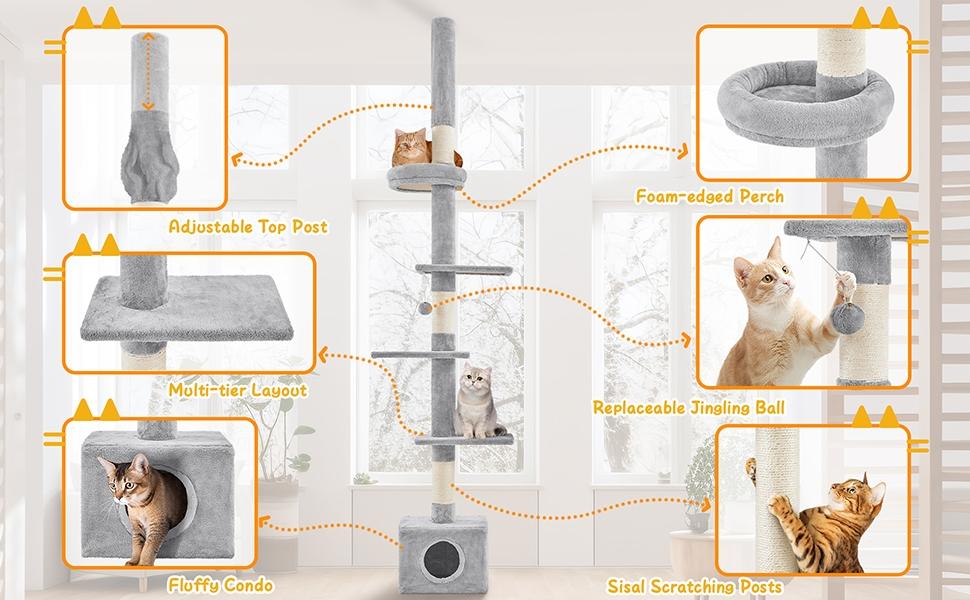 Yaheetech Adjustable 7.4-8.7FT Floor-to-Ceiling Cat Tree with 1 Condo 4 Perches & Scratching Posts Multi-level Cat Tower for Small/Medium Cats - Vertical Scratcher Yaheetech Adjustable 7.4-8.7FT Floor-to-Ceiling Cat Tree with 1 Condo 4 Perches & Scratching Posts Multi-level Cat Tower for Small/Medium Cats - Vertical Scratcher