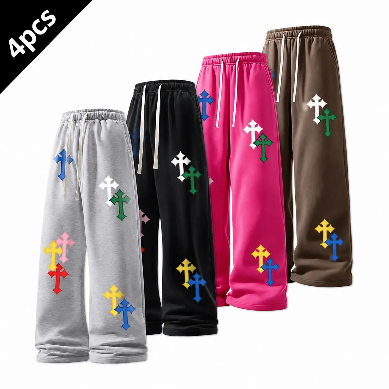 Unisex Polyester Baggy Cross-Print Pants - 2026 Mens Clothing High Street Vibe, Loose Straight, Casual Sporty Elegant Basic Sweats for Autumn/Winter, Menswear, Cotton