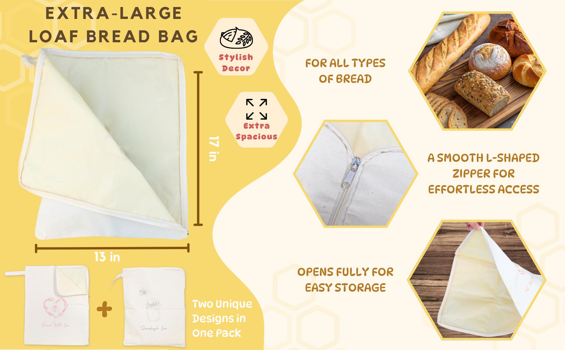 Wide Zipper Access Cotton & Beeswax Bread Bags for Sourdough (2 Pack) | Reusable Bread Bags for Homemade Bread | Cotton Beeswax Bags for Bread | XL Sourdough Storage | Beeswax Bags for Homemade Bread