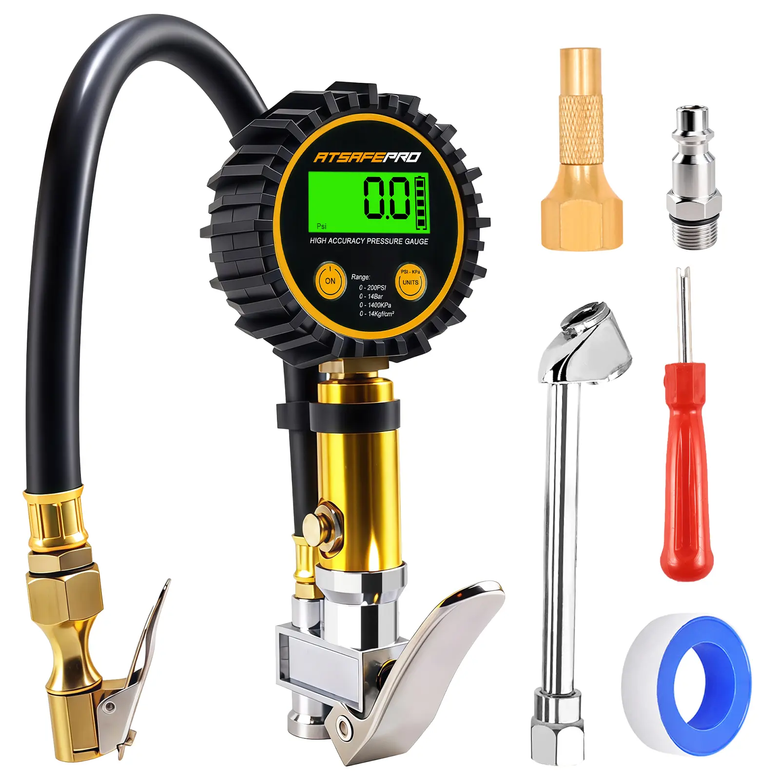 Digital Tire Pressure Gauge with Inflator 0-200 PSI Heavy Duty Air Chuck Compressor Accessories Large 2.5 Dial Solid Brass Hardware for Truck RV Precision Measurement Automotive Vehicle Tool