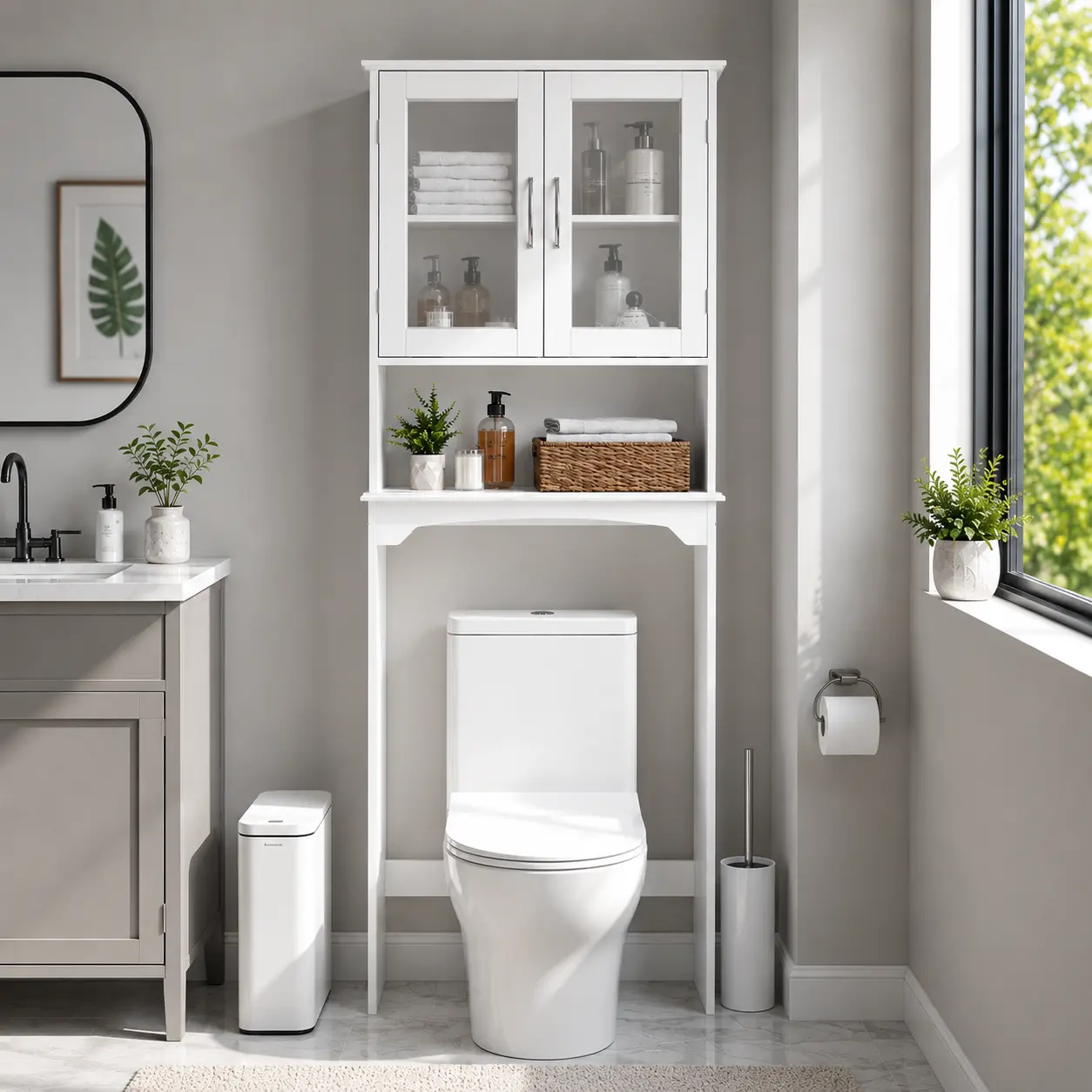 Costoffs Modern Over-The-Toilet Storage Cabinet, Space-Saving Indoor Bathroom Cupboard with Adjustable Shelf, Tempered Glass Doors, Open Shelf, White Unit for Bathroom Organizers,dorm essentials,home decor