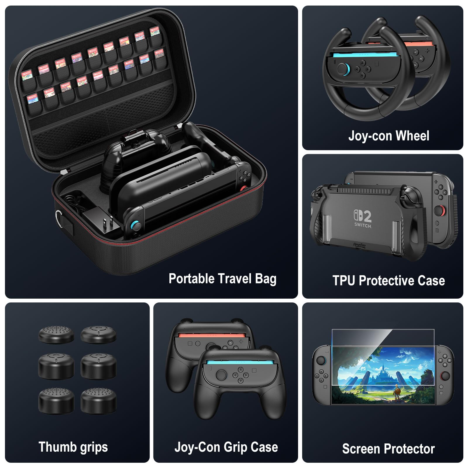 Case for Switch 2 Accessories Bundle with Switch 2 Dockable Protective Cover Switch 2 Tempered Film,Switch 2 Racing Wheels Joycon Grip Cover for  Switch 2 Controller