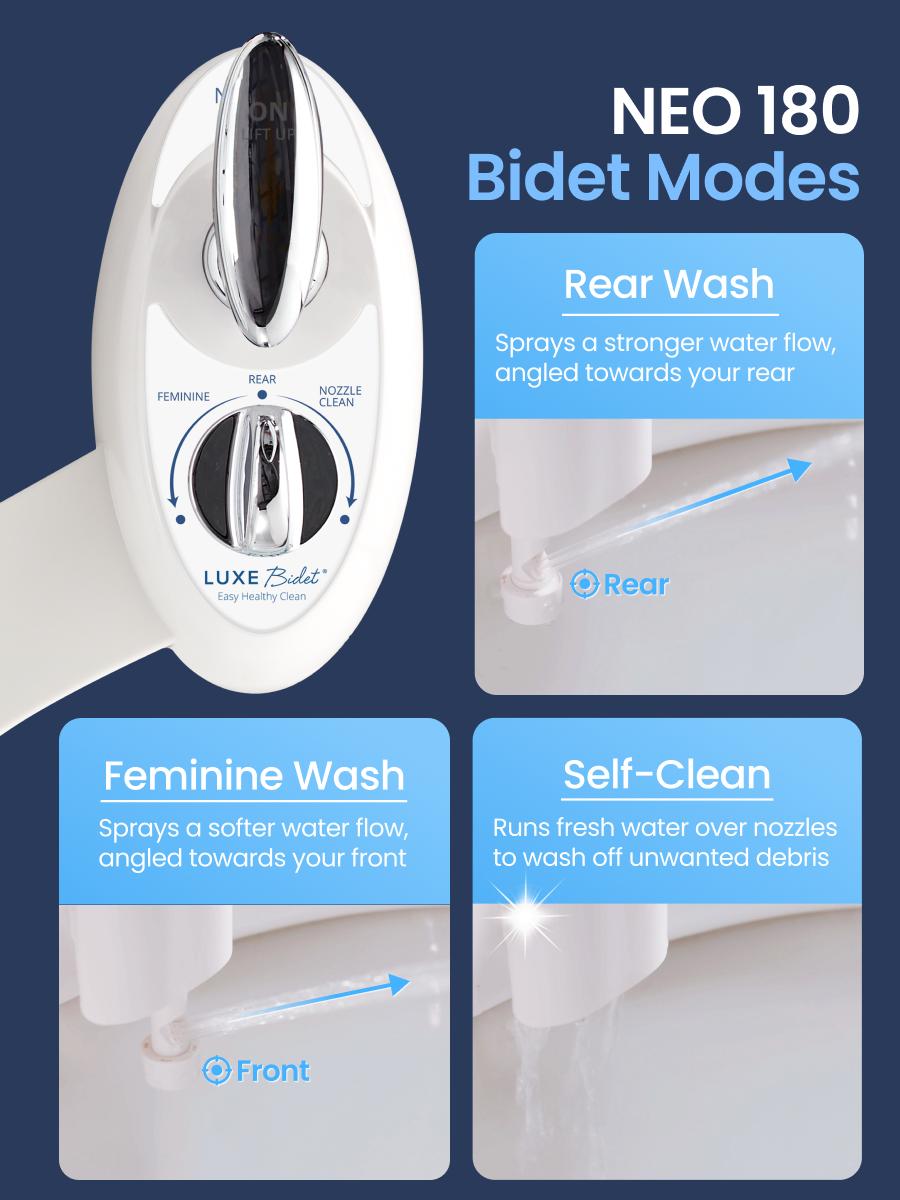 LUXE Bidet NEO 180 - Rear and Feminine Wash, Self-Cleaning, Non-Electric Bidet Attachment for Toilet Seat, Adjustable Water Pressure, Lever Control