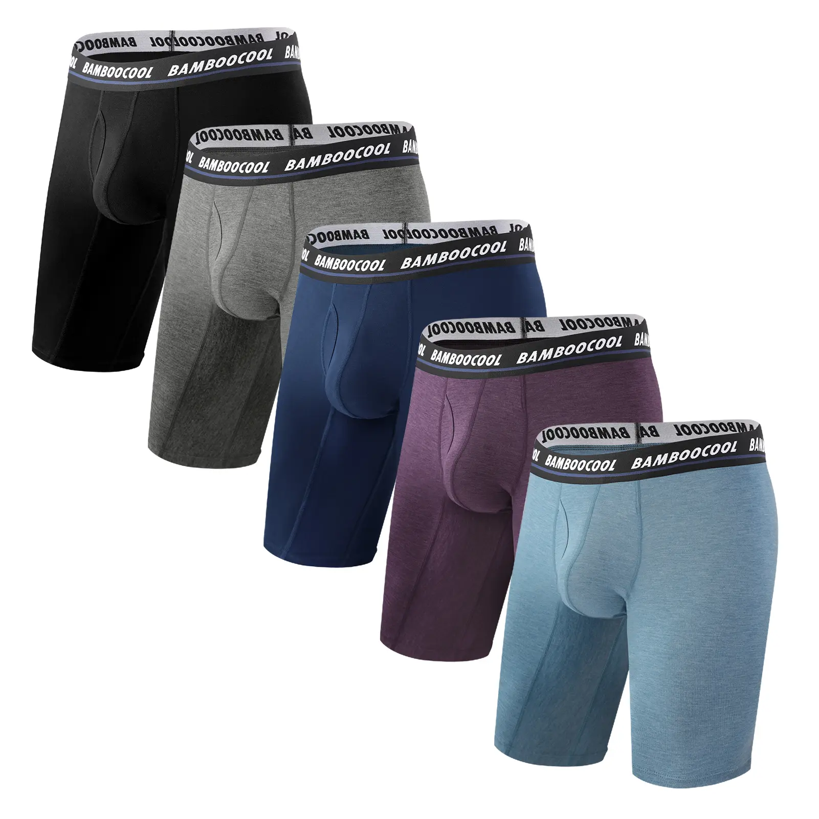 BAMBOOCOOL Men's Long Boxer Briefs 5 Pack - Soft Breathable Comfort Underwear with Lengthened Elastic Waist & No Ride-Up Design for Athletic Performance Menswear Activewear Sport Sportswear summervibes,,summerwins