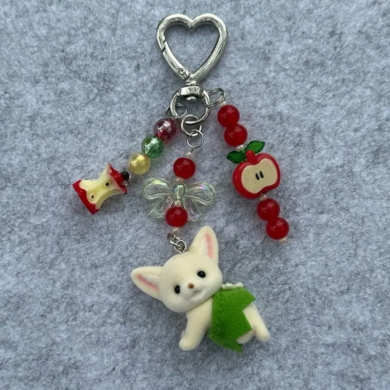 Fox Keychain with Heart-Shaped Clasp, Red Beads, and Green Leaf Detail, Perfect for Keychains and Accessories