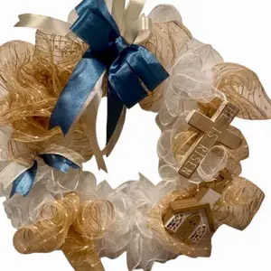 Blue Ribbon Cross Wreath, Neutral Faith Decor, 14 inch space saving wreath