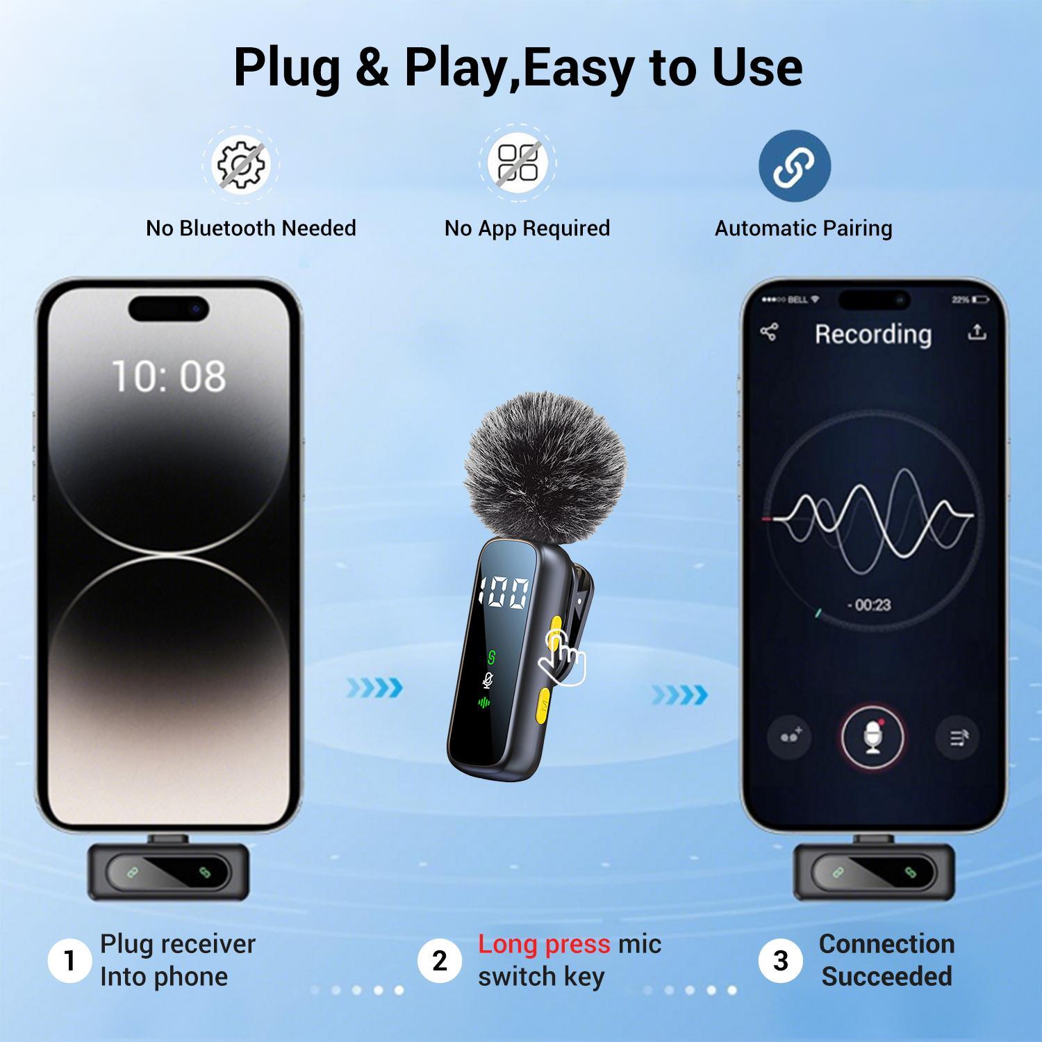 HITOZON 2.4GHz 2Mic Wireless Lavalier Microphone - Built-in Batteries, Intelligent Noise Cancelling, Plug-and-Play with Type-C Port, +iOS Adapter, USB Type-C for iPhone, Android, Digital Camera - Studio Sound for Video Recording, Vlog, 2Mic | Type C Port