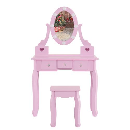 Karlhome Kids Vanity Set with Mirror and Lights and Stool, 5 Storage Drawers, Pretend Play Princess Makeup Desk Dressing Table and Stool Set for Little Girls Age 3+, Macaroon Pink