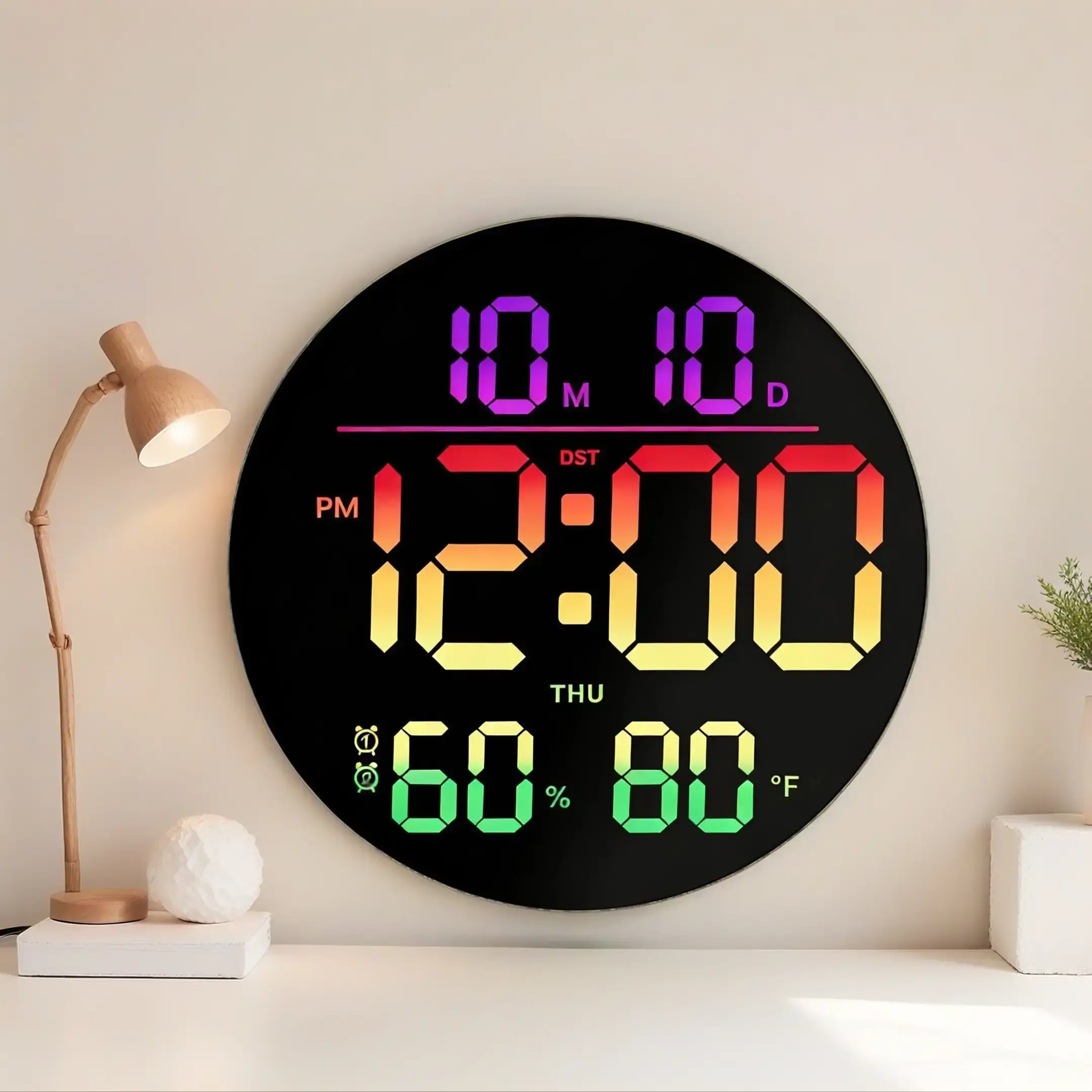 10" Large Digital Wall Clock with Music Sync RGB Atmosphere Light Low-Reflectivity Temperature LED Display Dual Alarms BT Sync Auto DST for Bedroom and Classroom