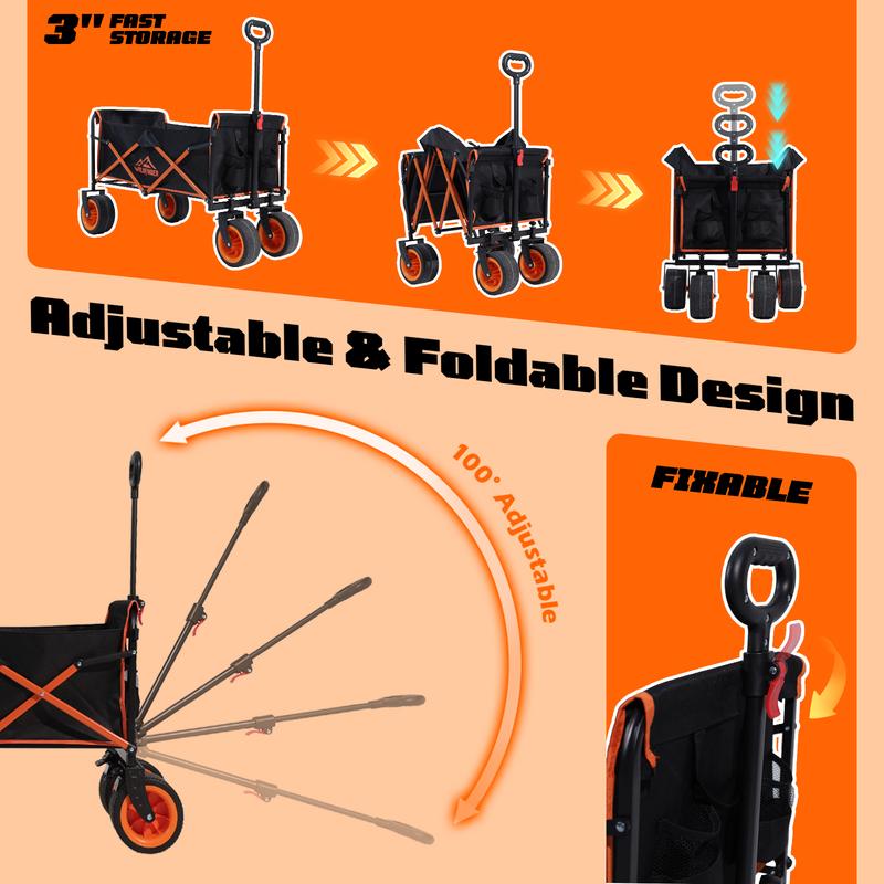 Wagons Carts Foldable, 330 Lbs with Adjustable Handle, Black and orange Lightweight Portable, Collapsible Wagon for Camping, Shopping, Sports, Travel, Garage and Gardening Storage with Drink Holders