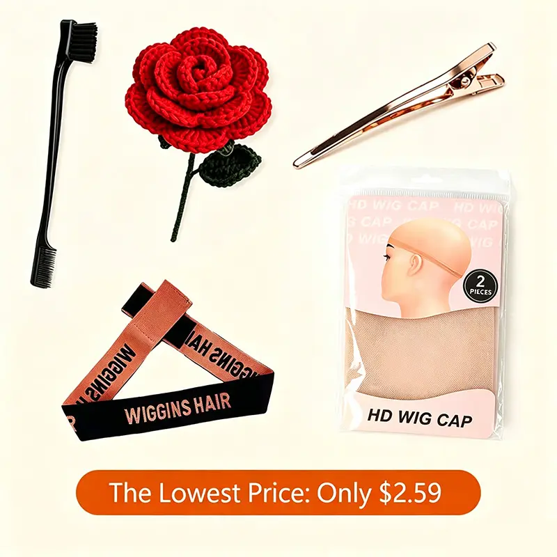 [Free Shipping] Wiggins Hair Gift Set With Elastic Band & Clip & Knitted Flower & Edge Brush & HD Wig Cap, Gift For Girls & Women