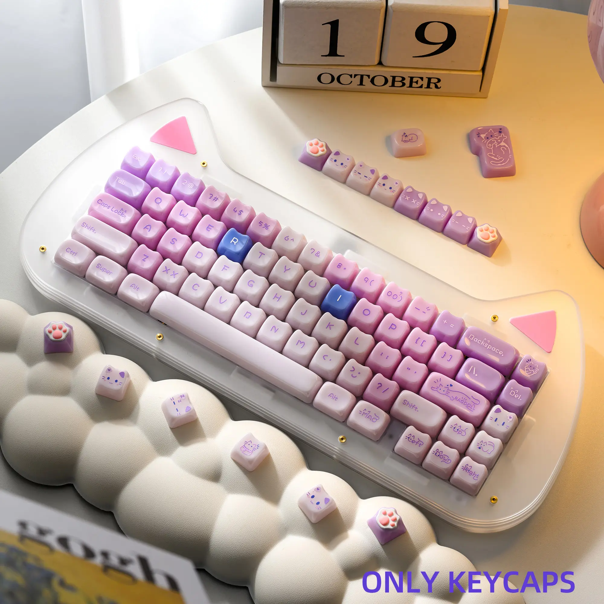 XVX Lavender Pink Cat Profile UV Printing Smooth Cute Keycap Set, 148-Key for 61/64/68/78/87/96/98/104/108 Mechanical Keyboards (Clones: None, ANSI Layout, For Mechanical Users, Keycaps Only No Keyboard), Mao Profile