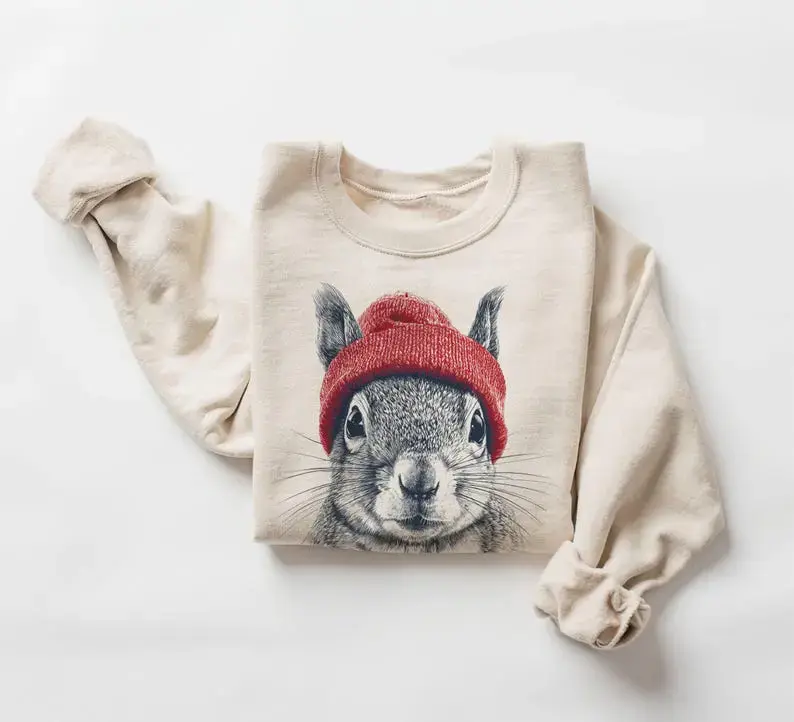 (Sale Off Up To 50%) Retro Squirrel Wearing Beanie Vintage Wildlife Unisex Sweatshirt Vacation & Coastal Trips, Comfortable Casual, Full Color, For Men, For Women, Casual, Classic Fashion, Tee Print